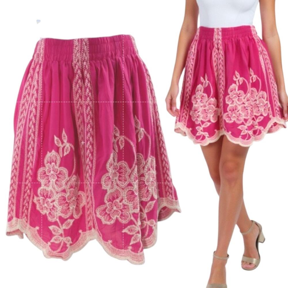 Solitaire Embroidered Lace Mini Skirt Women's Sz L Pink Scalloped Elastic Waist